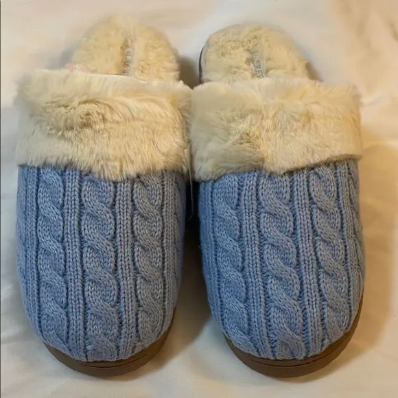 J. CREW Cozy Blue Cable Knit Slippers with Faux Fur