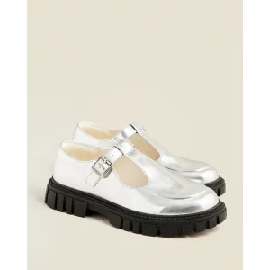 J.Crew Girls’ Lug-Sole T-Strap Shoes NWOT Silver Black Chunky Mary Jane Size 1