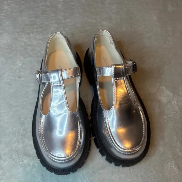 J.Crew Girls’ Lug-Sole T-Strap Shoes NWOT Silver Black Chunky Mary Jane Size 1