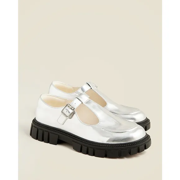 J.Crew Girls’ Lug-Sole T-Strap Shoes NWOT Silver Black Chunky Mary Jane Size 1