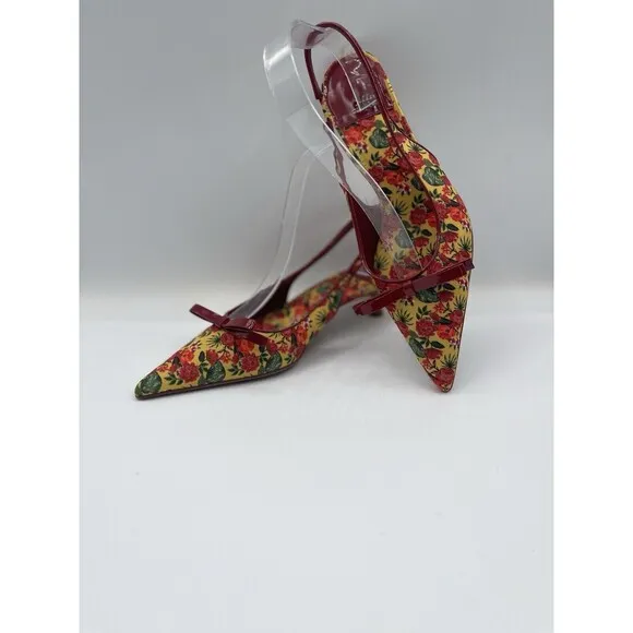 Jeffrey Campbell Kitten Heels Red Floral Slingback Preppy Dressy Shoes Sz 8 New