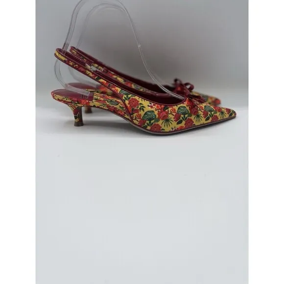 Jeffrey Campbell Kitten Heels Red Floral Slingback Preppy Dressy Shoes Sz 8 New