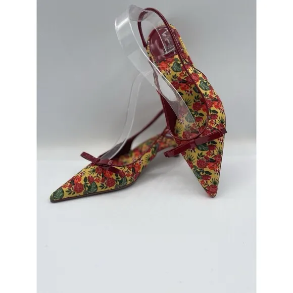 Jeffrey Campbell Kitten Heels Red Floral Slingback Preppy Dressy Shoes Sz 8 New