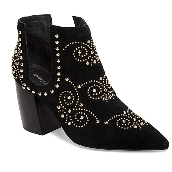 Jeffrey Campbell Ornella Studded Boots Black Suede Pointed Toe Block Heel