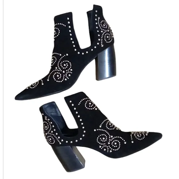 Jeffrey Campbell Ornella Studded Boots Black Suede Pointed Toe Block Heel