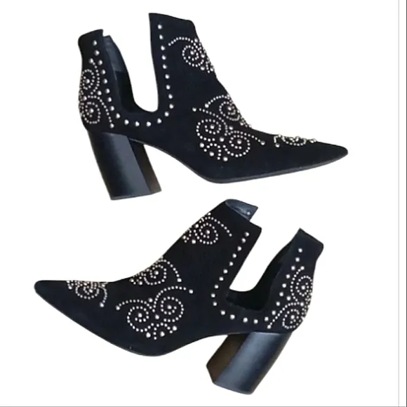 Jeffrey Campbell Ornella Studded Boots Black Suede Pointed Toe Block Heel