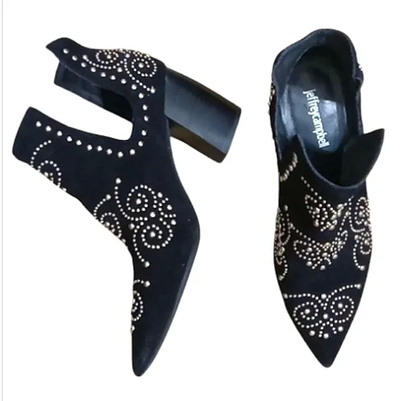 Jeffrey Campbell Ornella Studded Boots Black Suede Pointed Toe Block Heel