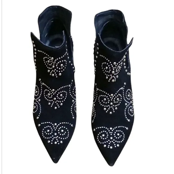 Jeffrey Campbell Ornella Studded Boots Black Suede Pointed Toe Block Heel