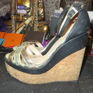 Jimmy Choo Vintage Luxury Italian Leather and Cork Ankle Strap Wedges Metallic