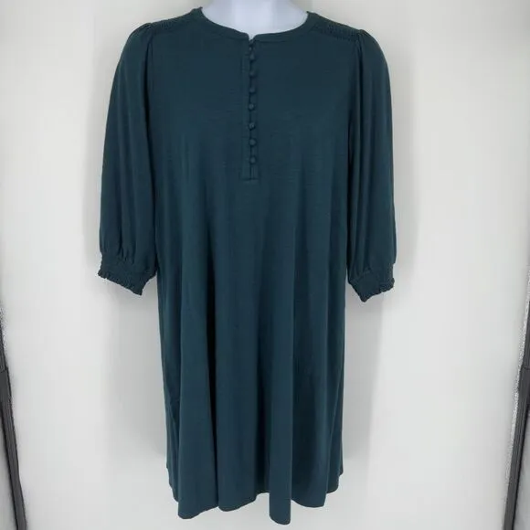 J. Jill Large Dark Teal Smocked Sleeve Popover Dress NWT Boho Minimalist Modest