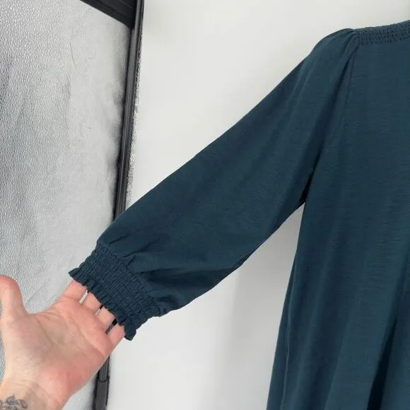 J. Jill Large Dark Teal Smocked Sleeve Popover Dress NWT Boho Minimalist Modest