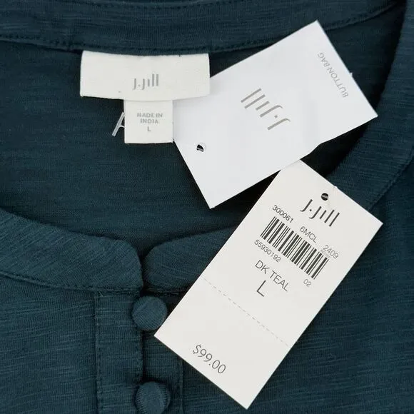 J. Jill Large Dark Teal Smocked Sleeve Popover Dress NWT Boho Minimalist Modest