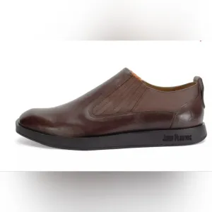John Fluevog SNAPPY SNAZZY SLIP-ON LEATHER SHOE Color: Brown/Orange Size: 9