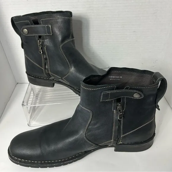 John Varvatos Chelsea Boots Italian Leather Black 12M Side Zip Snap Strap Moto
