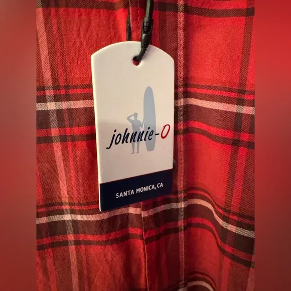 johnnie-O Luton Featherweight Men's Malibu Red Plaid Button Up Shirt Size Medium