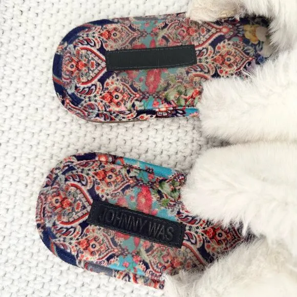 Johnny Was Ivory Faux Fur Trim Indy X Paisley Print Slippers Women 9