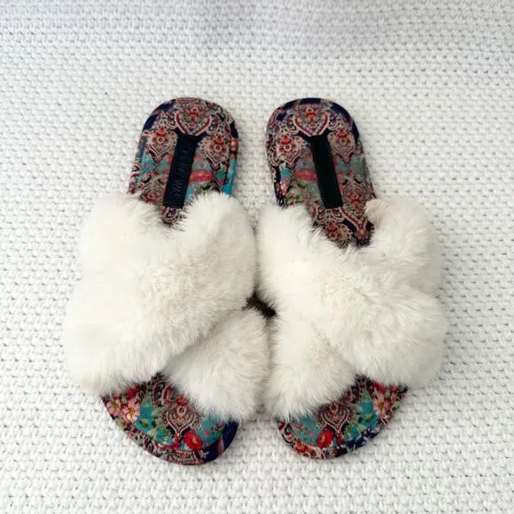 Johnny Was Ivory Faux Fur Trim Indy X Paisley Print Slippers Women 9