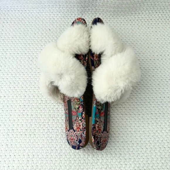 Johnny Was Ivory Faux Fur Trim Indy X Paisley Print Slippers Women 9
