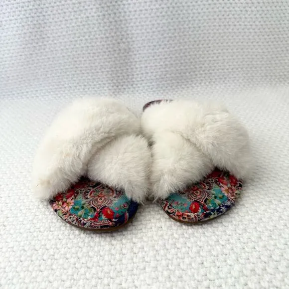 Johnny Was Ivory Faux Fur Trim Indy X Paisley Print Slippers Women 9