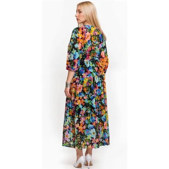 Johnny Was Wild Blooms Dolman Tiered Dress Multicolor Boho Floral Quiet Luxury