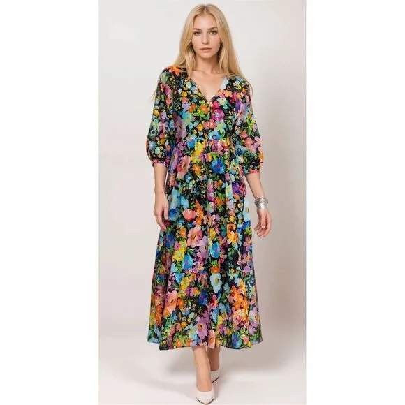 Johnny Was Wild Blooms Dolman Tiered Dress Multicolor Boho Floral Quiet Luxury