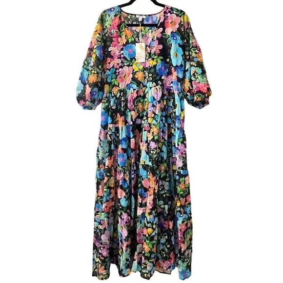 Johnny Was Wild Blooms Dolman Tiered Dress Multicolor Boho Floral Quiet Luxury