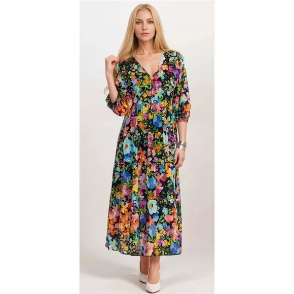 Johnny Was Wild Blooms Dolman Tiered Dress Multicolor Boho Floral Quiet Luxury