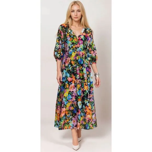 Johnny Was Wild Blooms Dolman Tiered Dress Multicolor Boho Floral Quiet Luxury