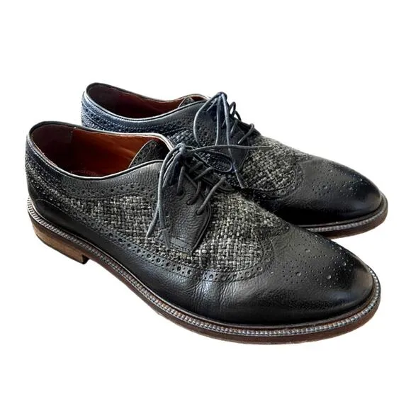 Johnston &amp; Murphy 9 Brewer $225 Leather TWEED Wingtip Oxfords Dress Shoes Black