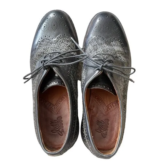 Johnston &amp; Murphy 9 Brewer $225 Leather TWEED Wingtip Oxfords Dress Shoes Black