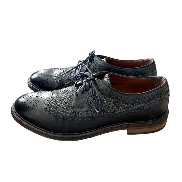 Johnston &amp; Murphy 9 Brewer $225 Leather TWEED Wingtip Oxfords Dress Shoes Black