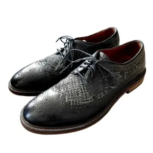 Johnston &amp; Murphy 9 Brewer $225 Leather TWEED Wingtip Oxfords Dress Shoes Black