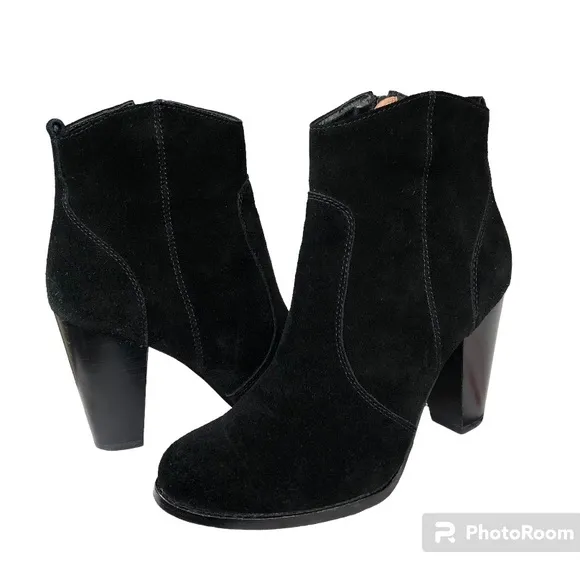 Joie Dalton Black Suede Leather Western Heeled Booties Ankle Boots Womens