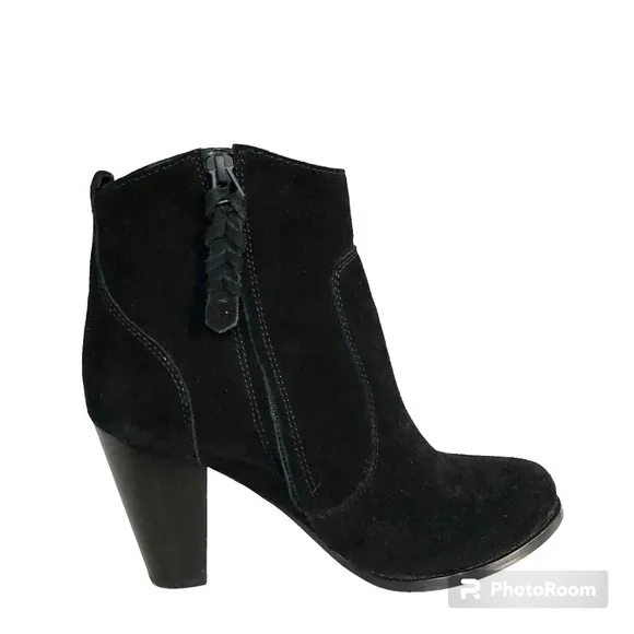Joie Dalton Black Suede Leather Western Heeled Booties Ankle Boots Womens