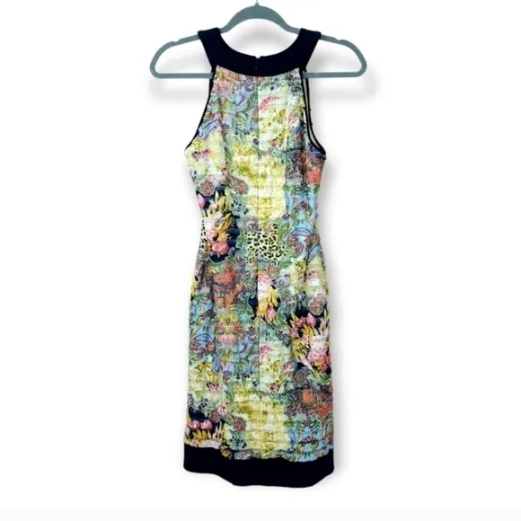 Joseph Ribkoff abstract floral print ribbed / tiered  high neck dress sz8