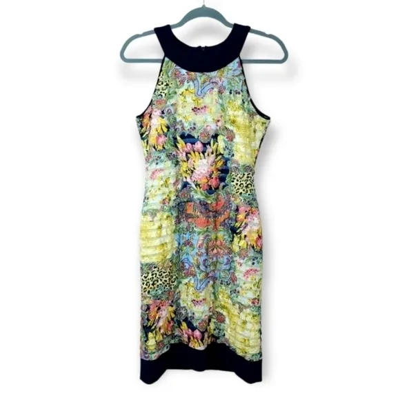 Joseph Ribkoff abstract floral print ribbed / tiered  high neck dress sz8