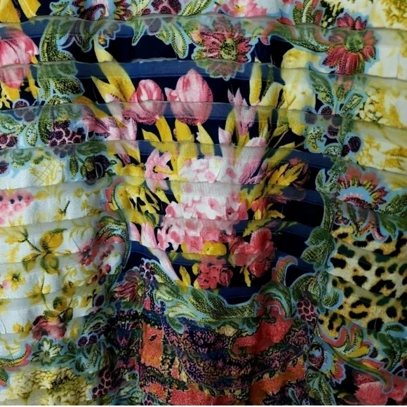 Joseph Ribkoff abstract floral print ribbed / tiered  high neck dress sz8