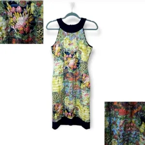 Joseph Ribkoff abstract floral print ribbed / tiered  high neck dress sz8