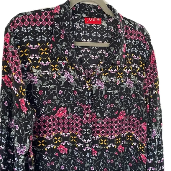 Josie Natori Moody Floral Button Front Long Sleeve Casual Mini Dress Large