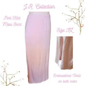J.R. Collection Soft Pink Knit Maxi Skirt 2 Embroidered Front Vents Vintage SZ X