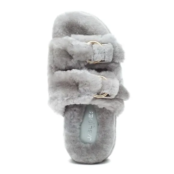JSLIDES BROOKE Shearling Slippers with Gold Buckles