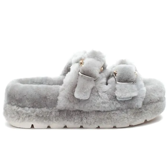 JSLIDES BROOKE Shearling Slippers with Gold Buckles