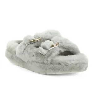 JSLIDES BROOKE Shearling Slippers with Gold Buckles