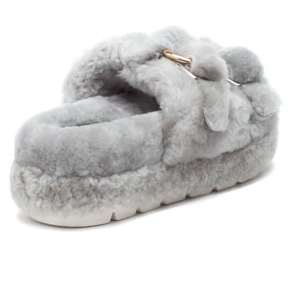 JSLIDES BROOKE Shearling Slippers with Gold Buckles