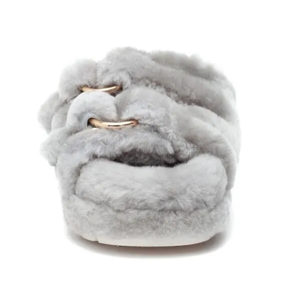 JSLIDES BROOKE Shearling Slippers with Gold Buckles