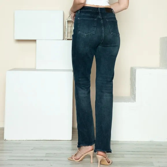 Judy Blue High-Ris Button Fly Boyfriend Jeans Straight Leg Torn Hem Denim Pants