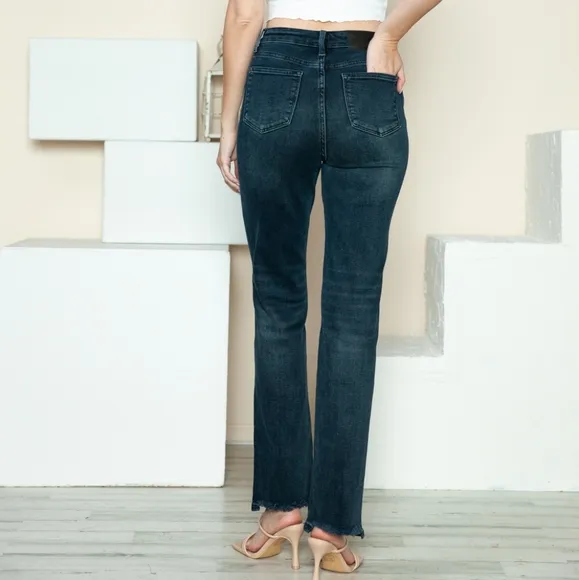 Judy Blue High-Ris Button Fly Boyfriend Jeans Straight Leg Torn Hem Denim Pants