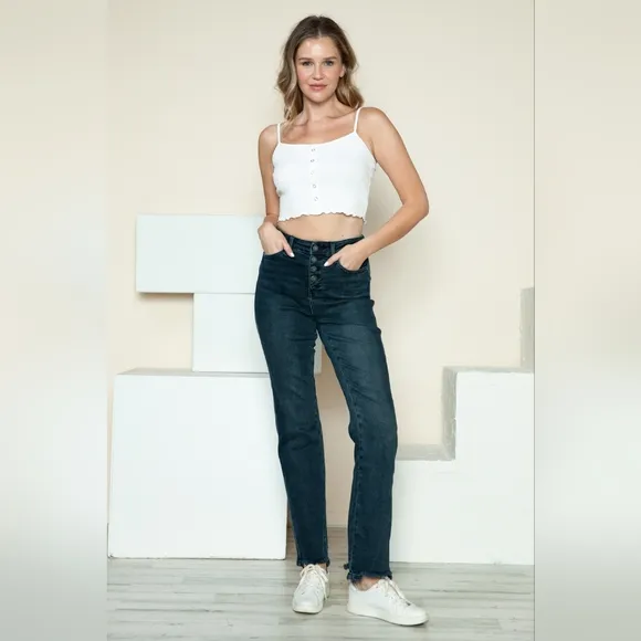 Judy Blue High-Ris Button Fly Boyfriend Jeans Straight Leg Torn Hem Denim Pants