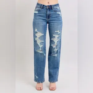 Judy Blue High Waist Heavy Destroy Straight Jeans Plus Distressed Blue Jeans