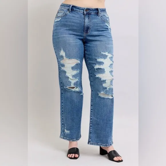 Judy Blue High Waist Heavy Destroy Straight Jeans Plus Distressed Blue Jeans
